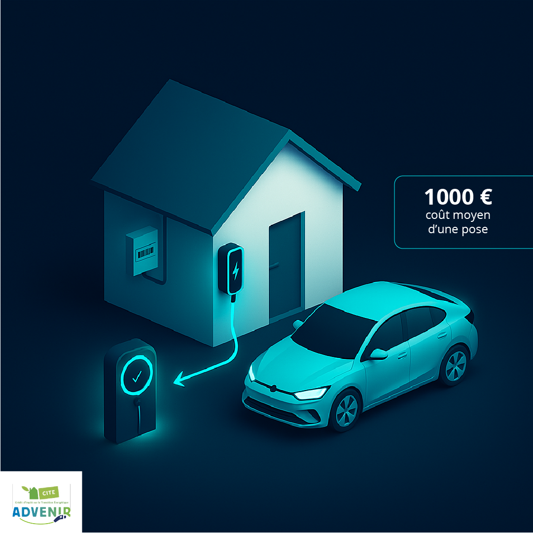 Illustration “Installation d’une borne à domicile” :
Maison, borne murale, tableau électrique, flux d’énergie simple vers la voiture, pictos sécurité, rapidité, économies